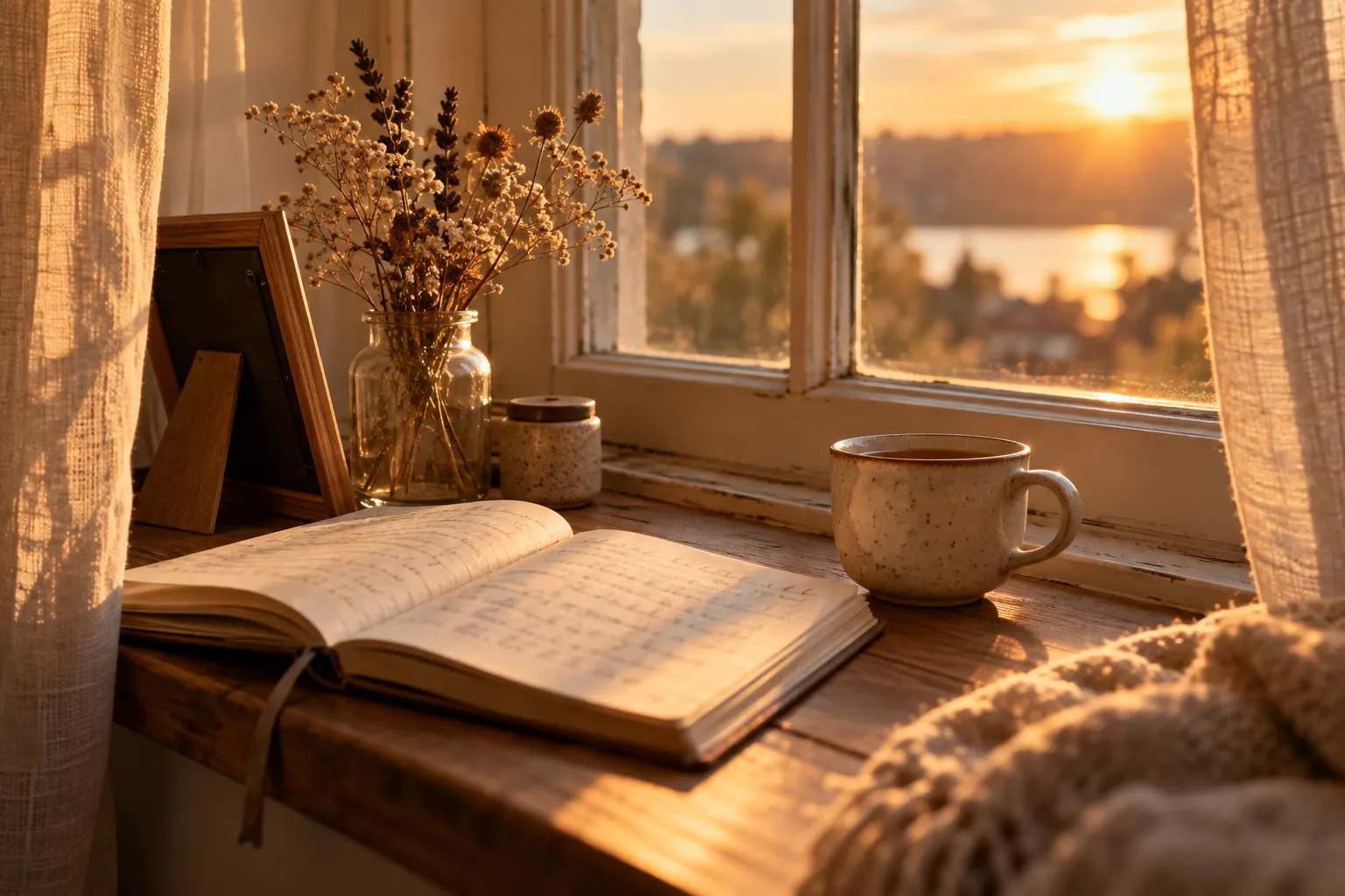 An open journal, a cup of tea and dried flowers on a sunlit windowsill