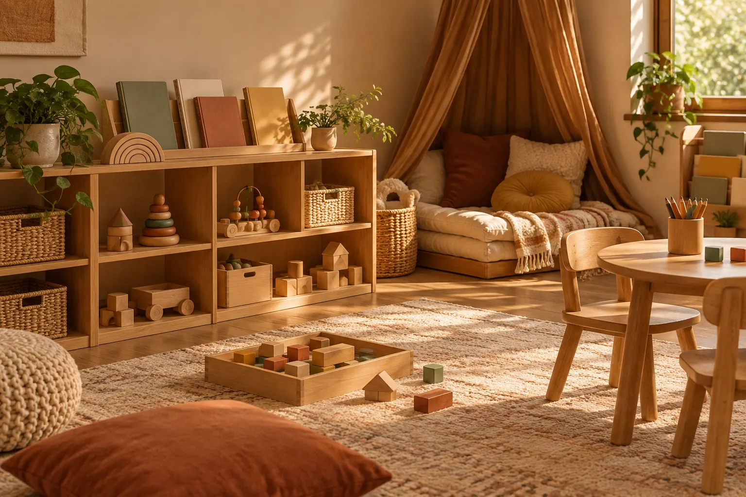 A calm childcare playroom with low wooden shelves of toys and books and a reading nook