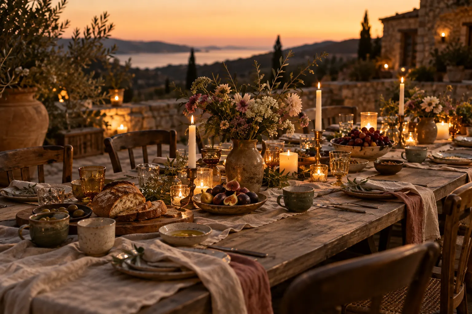 A long table set for a women's gathering with candles, bread, fruit and flowers
