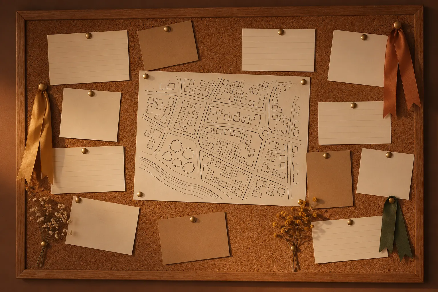 A community centre corkboard of pinned cards and a hand-drawn neighbourhood map