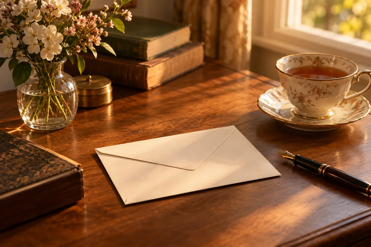 A writing desk with an envelope, a fountain pen, a cup of tea and a small vase of flowers