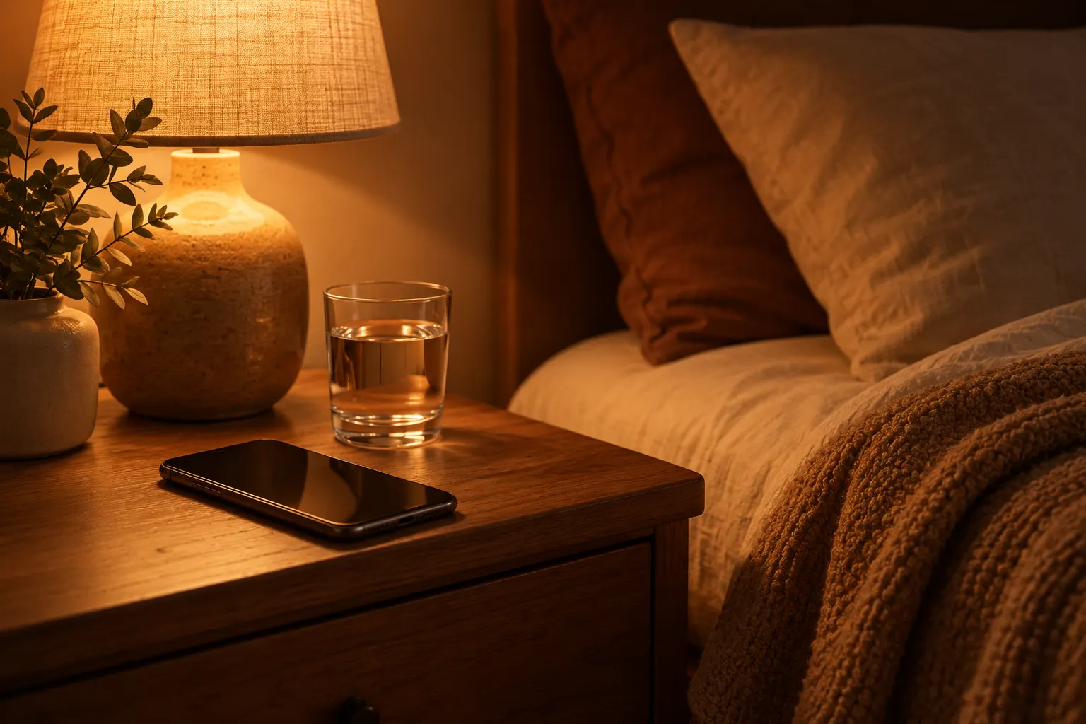A phone resting beside a warm glowing lamp on a bedside table at night