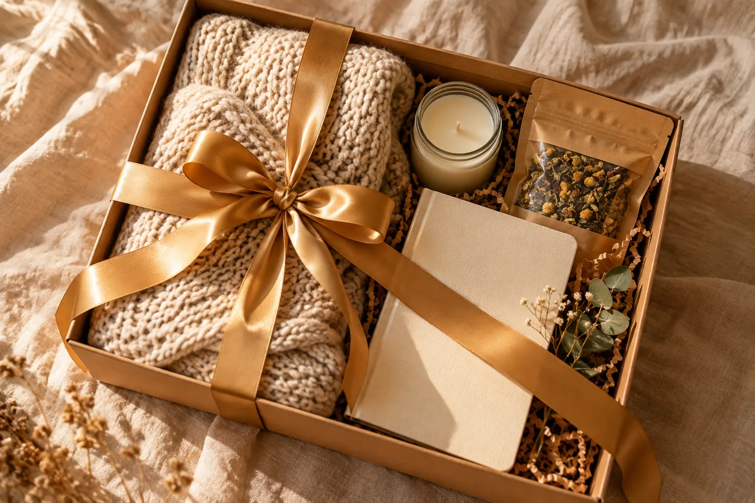 An open care box for a new mother with a knitted blanket, a candle, tea and a journal