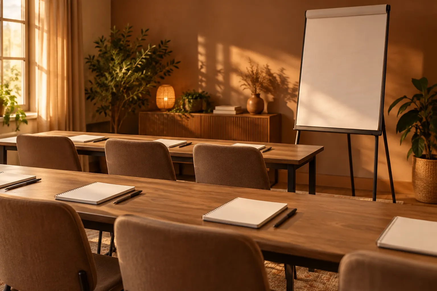 A small workshop room set with notebooks, pens and a flip chart for a parenting class