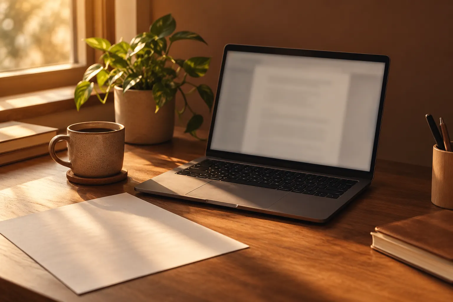 A home desk set up for job searching with an open laptop, a coffee mug and a plant