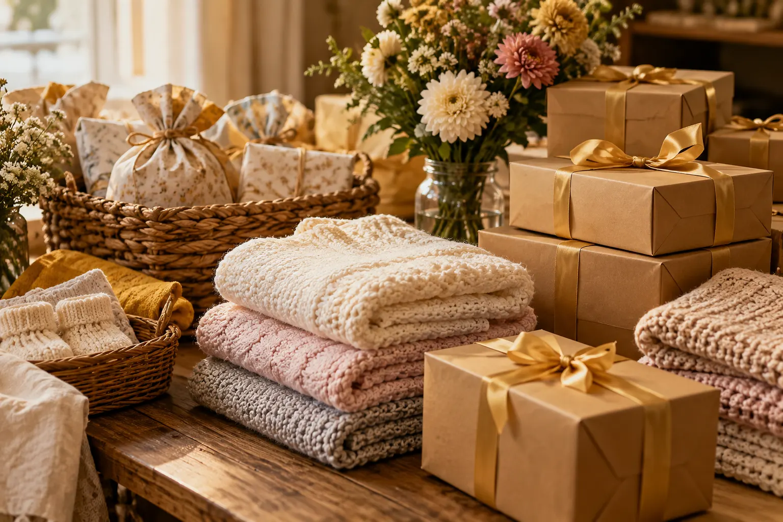 Care packages, knitted baby blankets and boxes tied with gold ribbon on a volunteer table