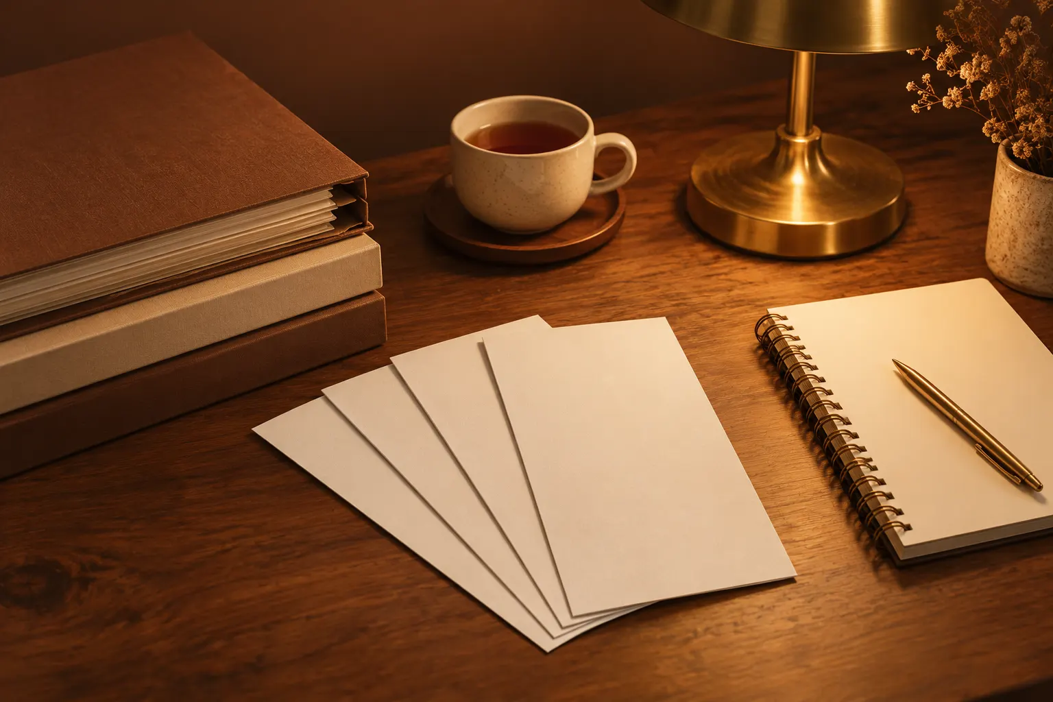 A help desk with tidy folders, pamphlets, a notebook and a brass lamp