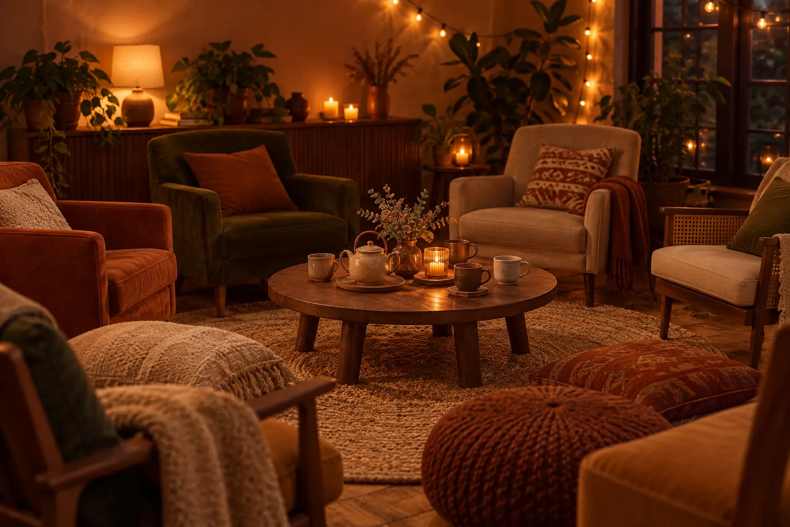 A cosy community room with a circle of upholstered chairs, cushions and a teapot