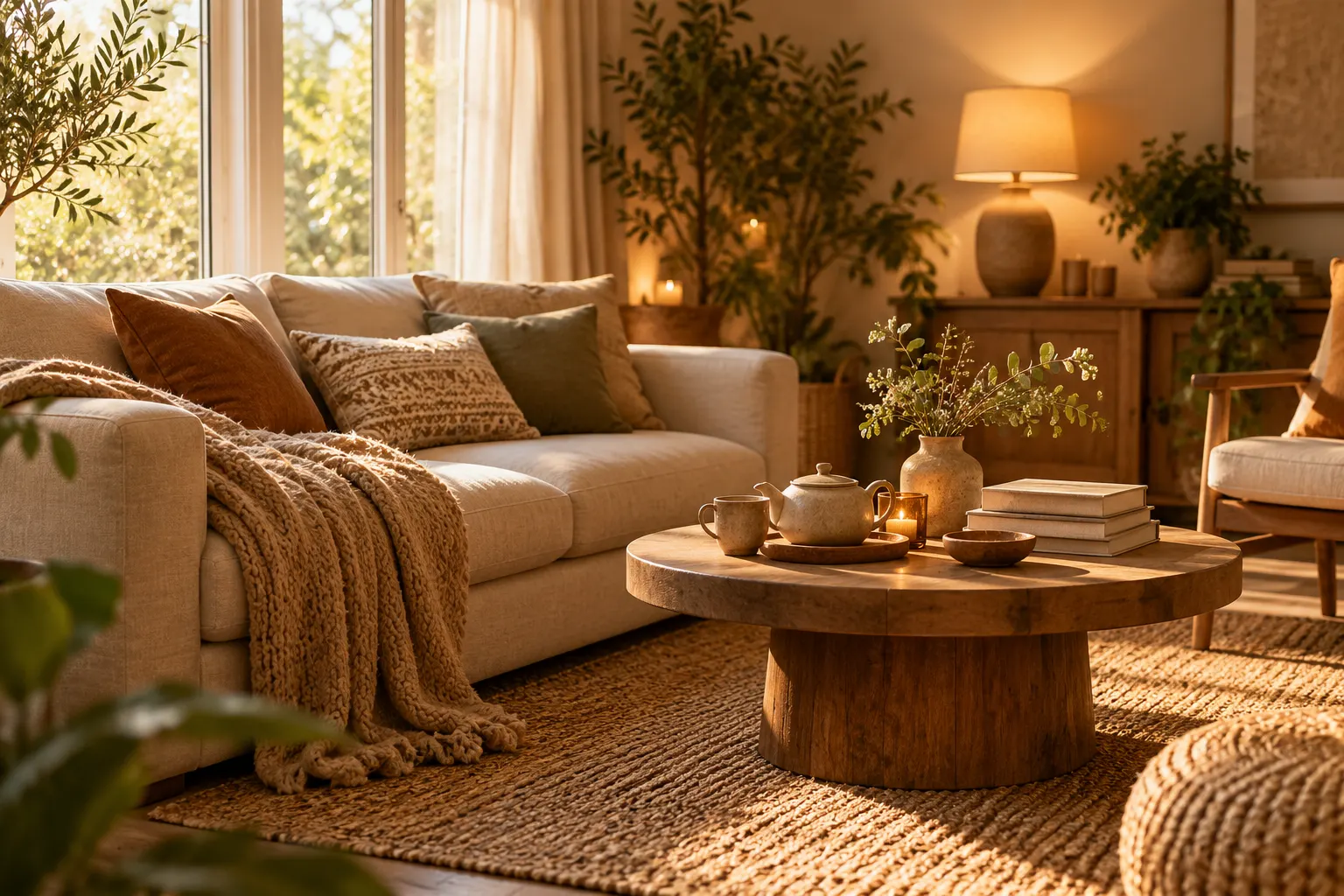 A calm wellness lounge with a soft sofa, cushions, tea, books, plants and warm lamplight