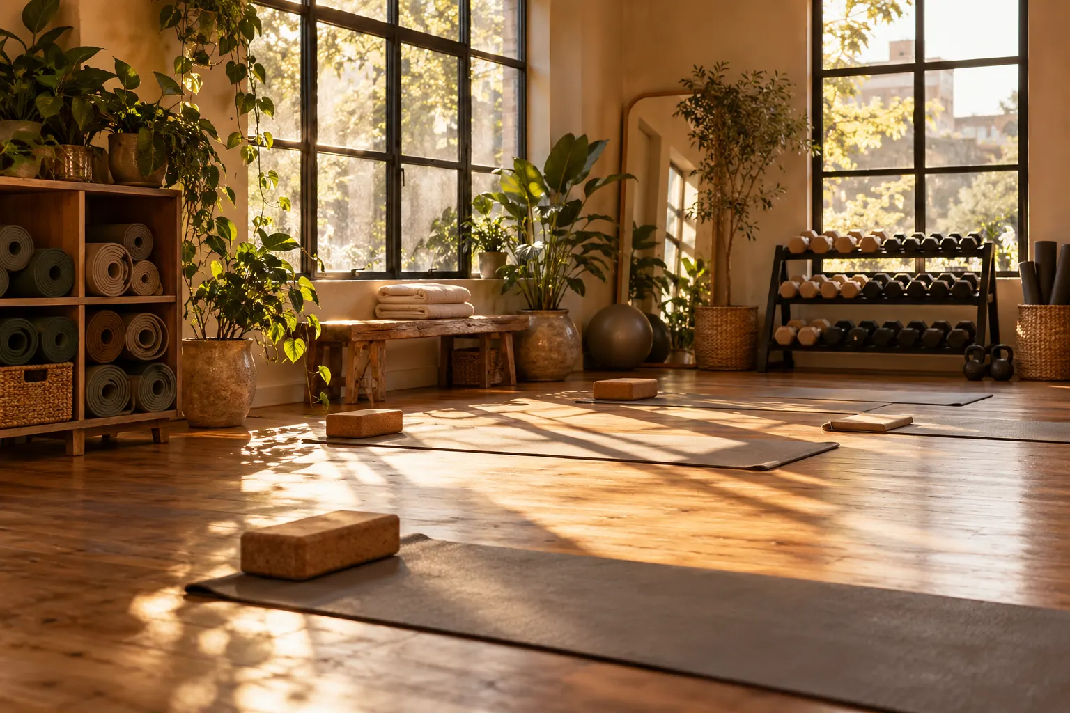 A welcoming women's fitness studio with rolled yoga mats, light dumbbells and morning sun